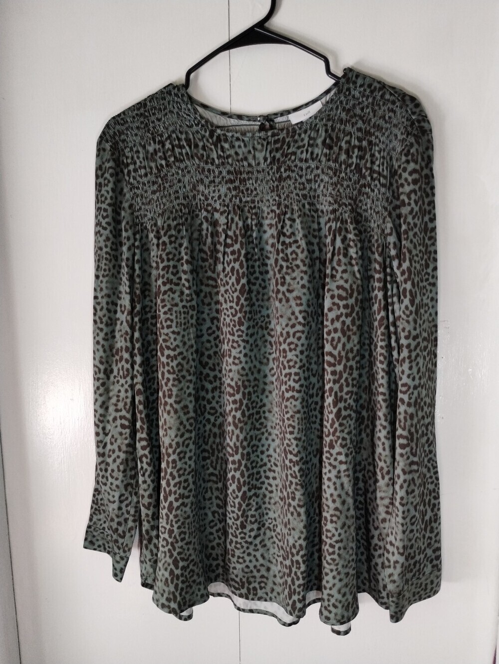 J. Jill Green Leopard Smocked Yoke Blouse